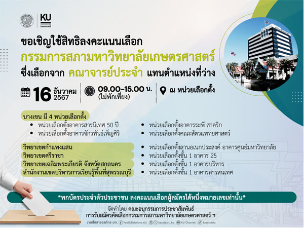 ขอเชิญใช้สิทธิลงคะแนนเลือกกรรมการสภา มก. ซึ่งเลือกจากคณาจารย์ประจำ แทนตำแหน่งที่ว่าง